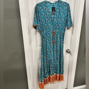 R. Vivimos Boho Floral Midi Dress Teal Orange Tassel Tie Size XL NWT